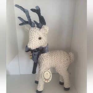 Wellesley Manor Holiday Braided Rope Reindeer  Blue Velvet Bow & Gold Bells